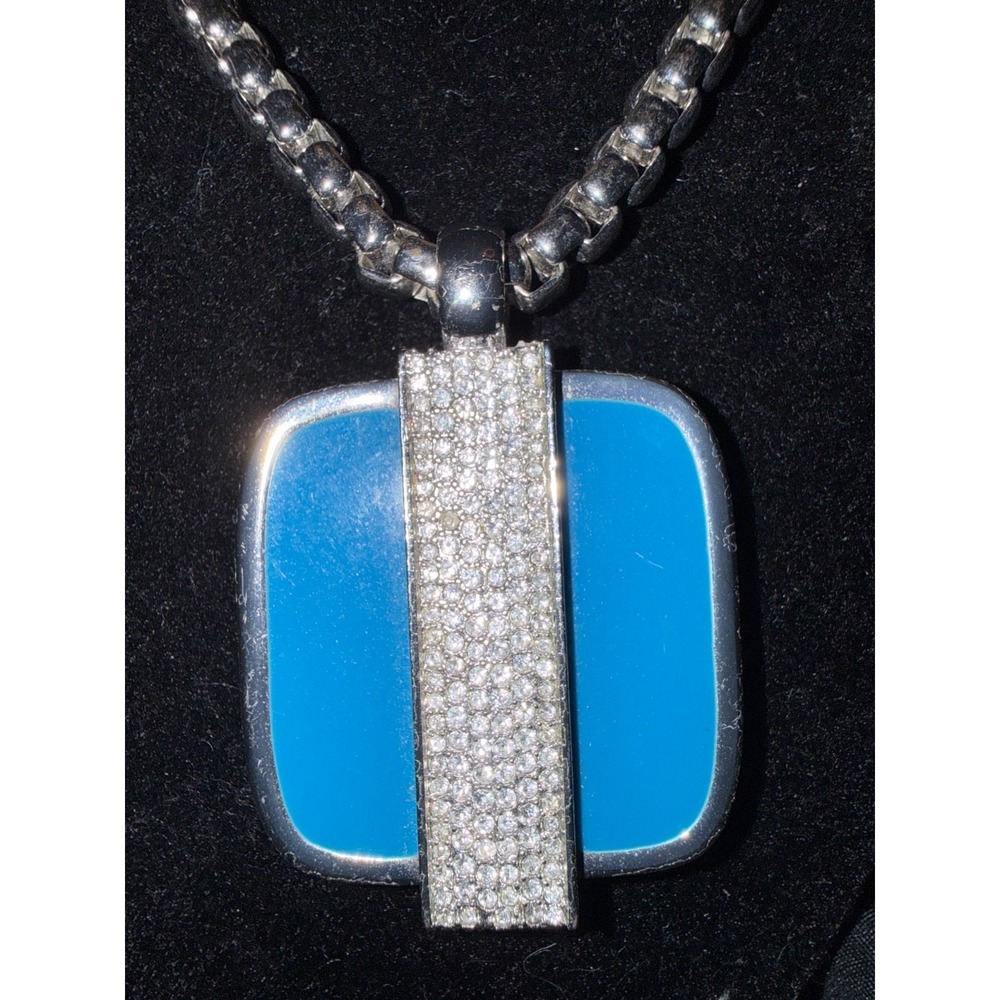 Rhinestone Necklace blue Ann Taylor pendant with pave stones 30"